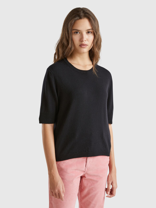 Jersey de manga corta negro de pura lana merina Mujer