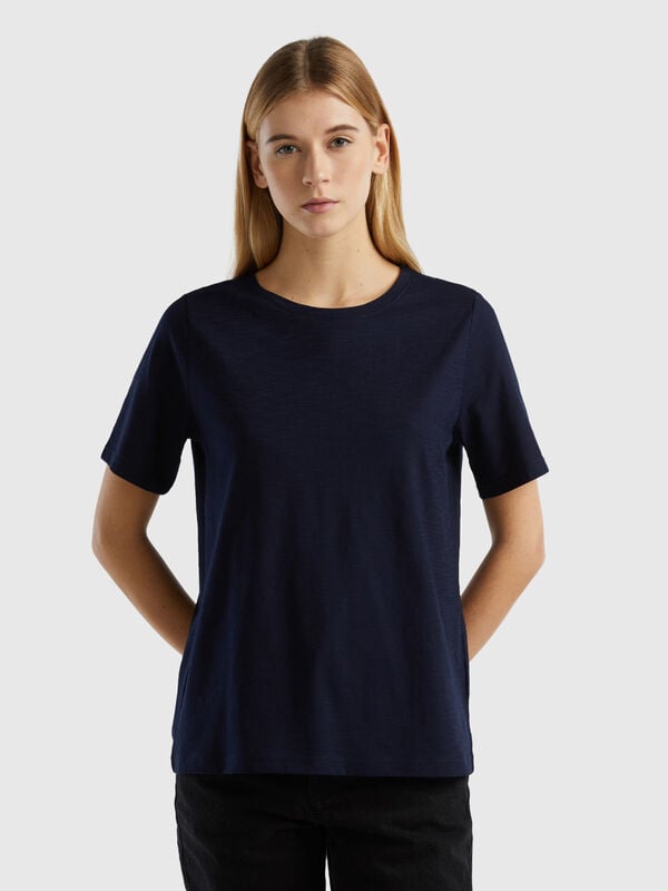 Camiseta de cuello redondo de algodón flameado Mujer