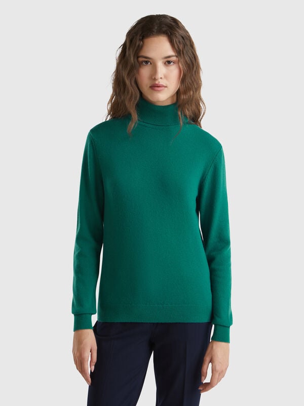 Jersey de cuello alto verde bosque en pura lana merina Mujer