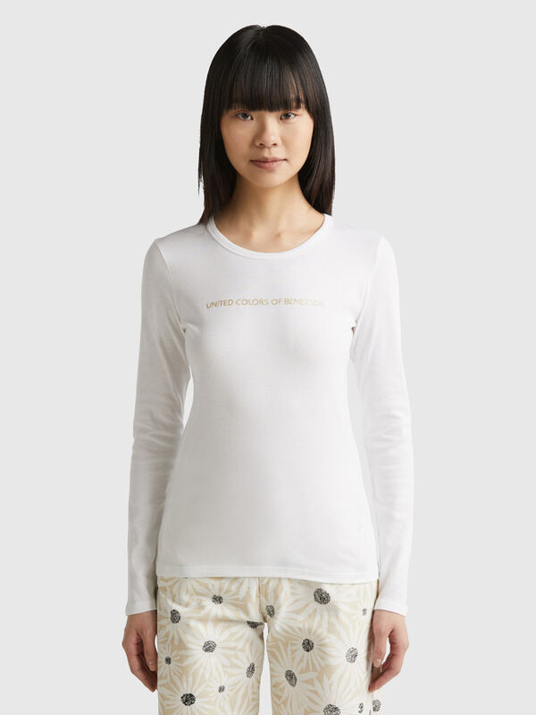 Camiseta blanca de manga larga de 100 % algodón Mujer