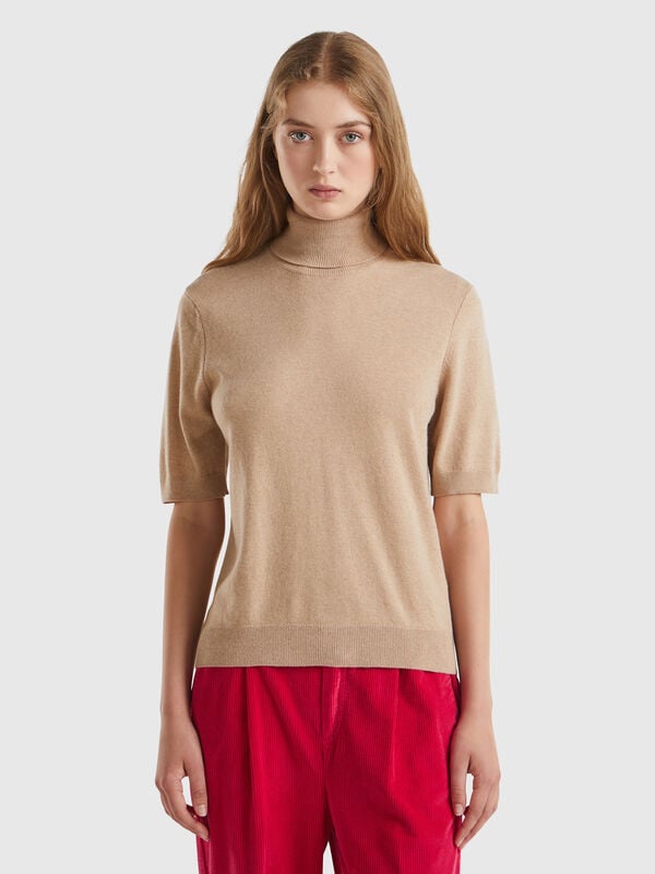 Jersey cuello alto camel de manga corta en mezcla de cachemira Mujer