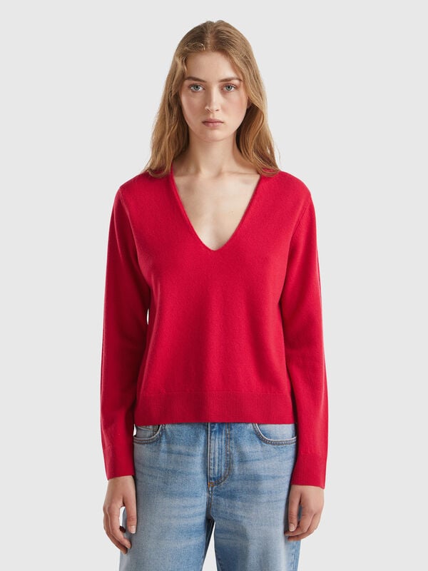 Jersey rojo ciruela cuello en V en pura lana merina Mujer