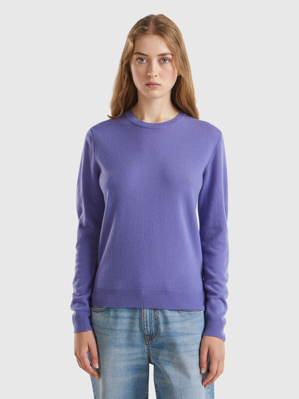 Jersey de cuello redondo morado en pura lana merina Mujer