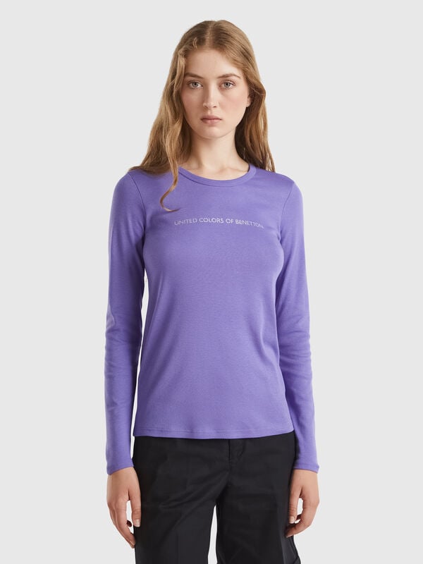 Camiseta morada de manga larga de 100 % algodón Mujer