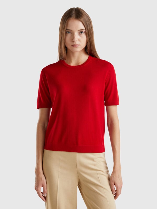 Jersey de manga corta de pura lana merina Mujer