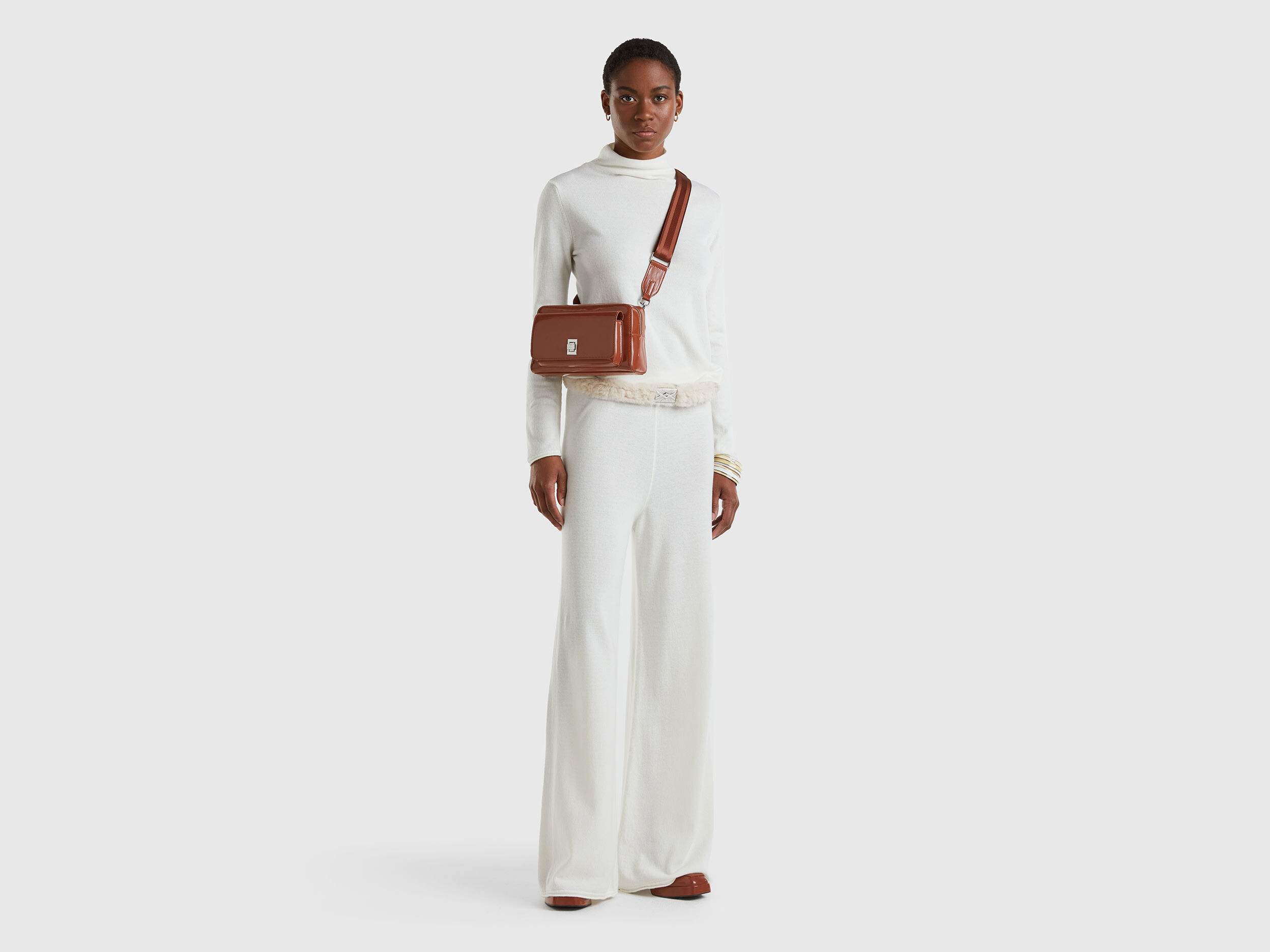 Pantalon amplio blanco crema en mezcla de lana y cachemir Blanco Crema Benetton