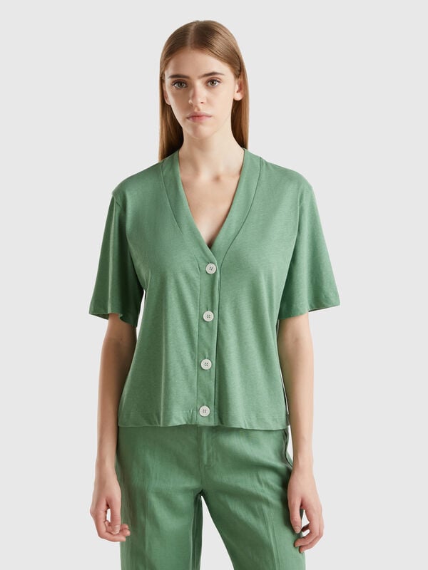 Camiseta de estilo cárdigan de lino mixto Mujer