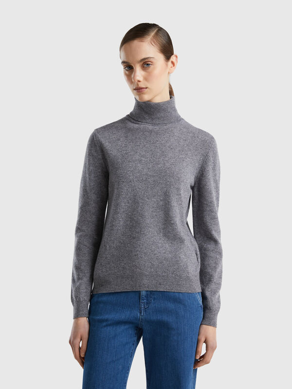 Jersey de cuello alto gris de pura lana merina Mujer