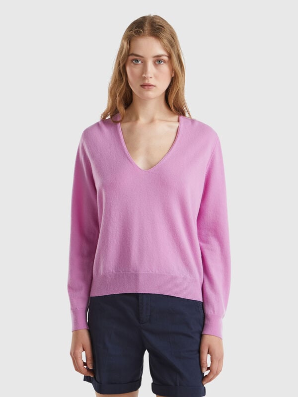 Jersey lila cuello en V en pura lana merina Mujer