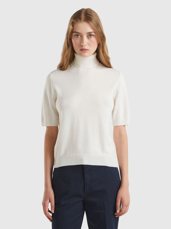Jersey cuello alto crema de manga corta en mezcla de cachemira Mujer