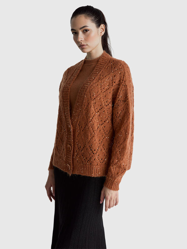 Cárdigan calado con lentejuelas Mujer