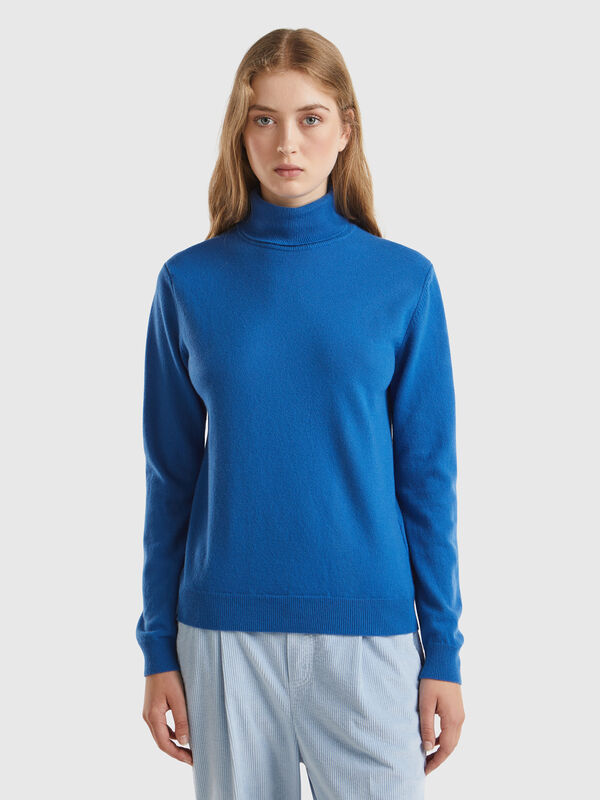 Jersey de cuello alto azul avio en pura lana merina Mujer