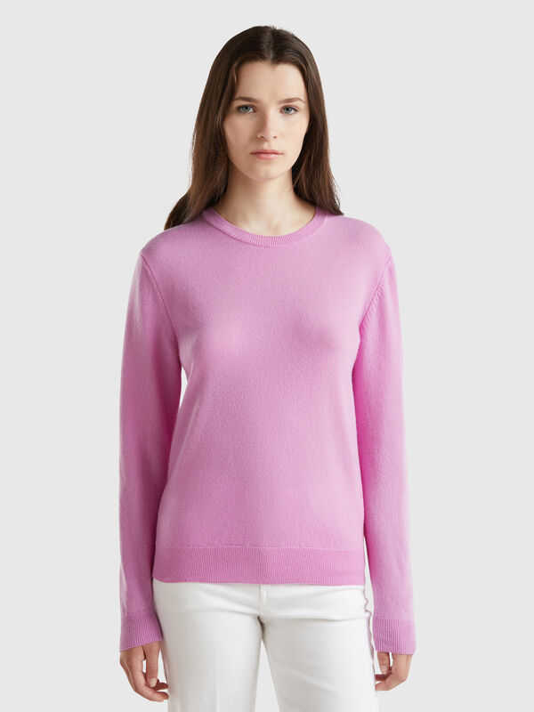 Jersey de cuello redondo lila claro en pura lana merina Mujer