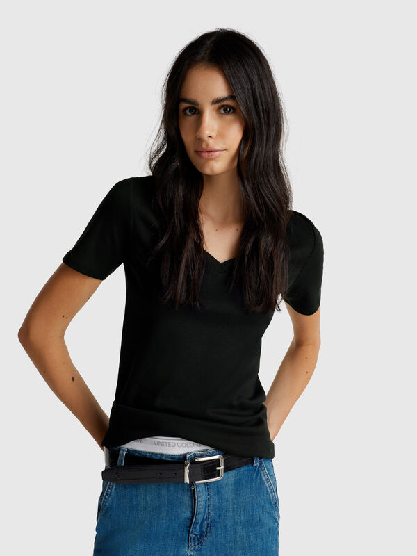 Camiseta de cuello en V de algodón puro Mujer