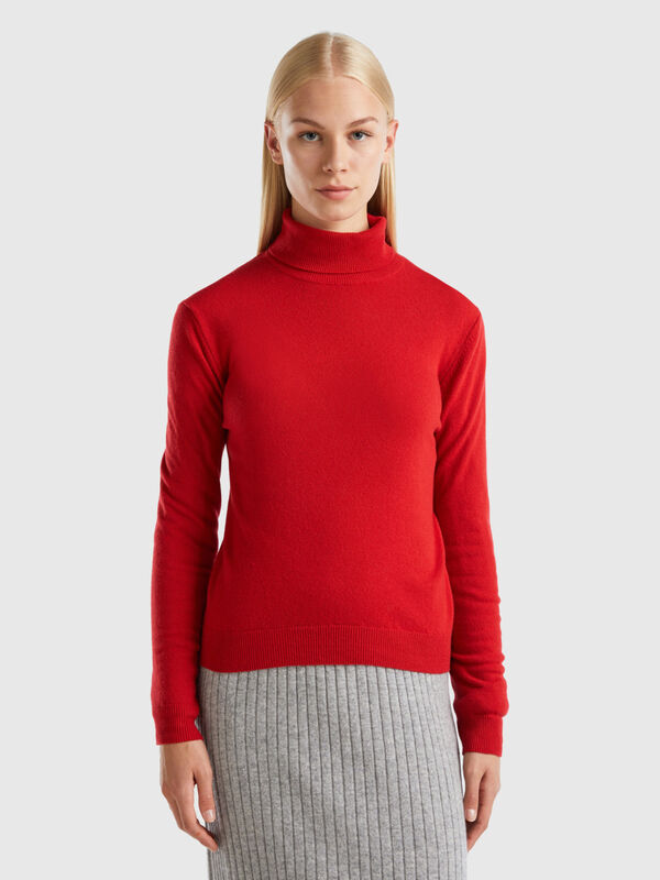 Jersey de cuello alto rojo de pura lana merina Mujer
