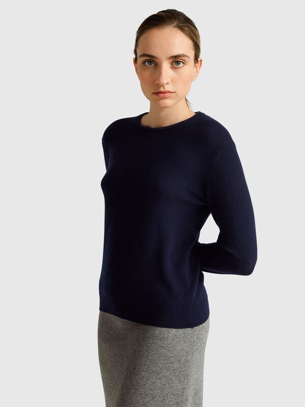 Suéter azul oscuro de cuello redondo en pura lana merino Mujer