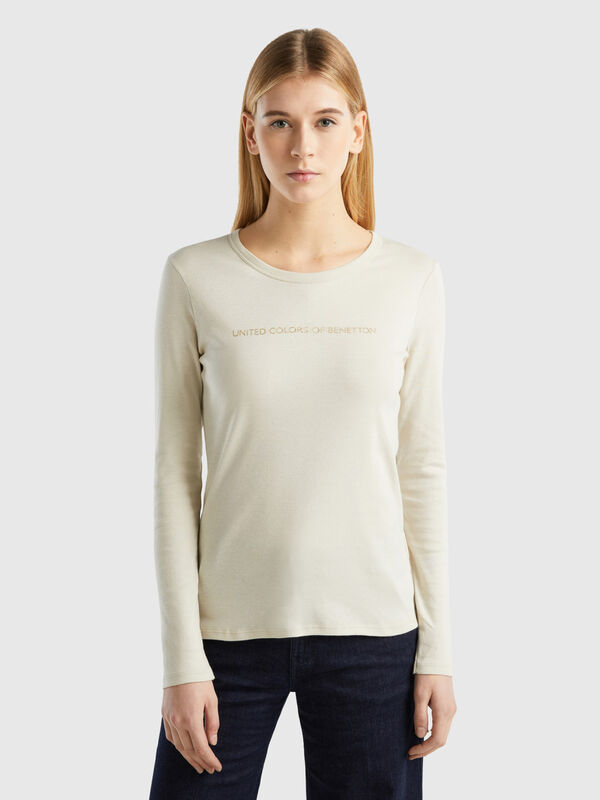 Camiseta beige de manga larga de 100 % algodón Mujer