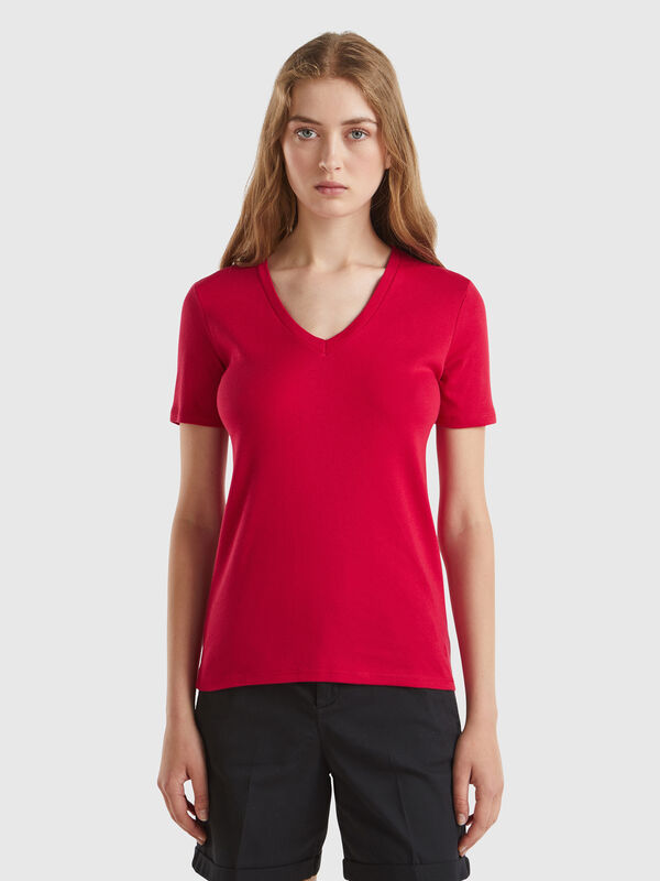 Camiseta de algodón puro con escote de pico Mujer
