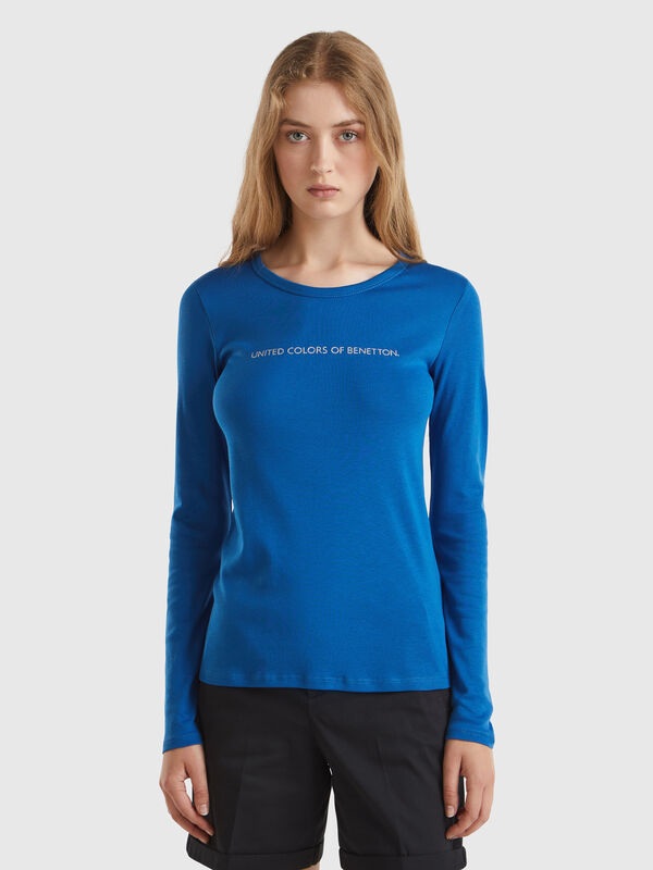 Camiseta azul de manga larga de 100 % algodón Camiseta azul de manga larga de 100 % algodón Mujer