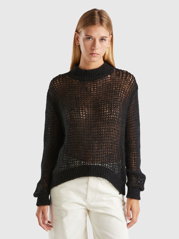 Jersey de cuello alto de rejilla de mohair mixto Mujer