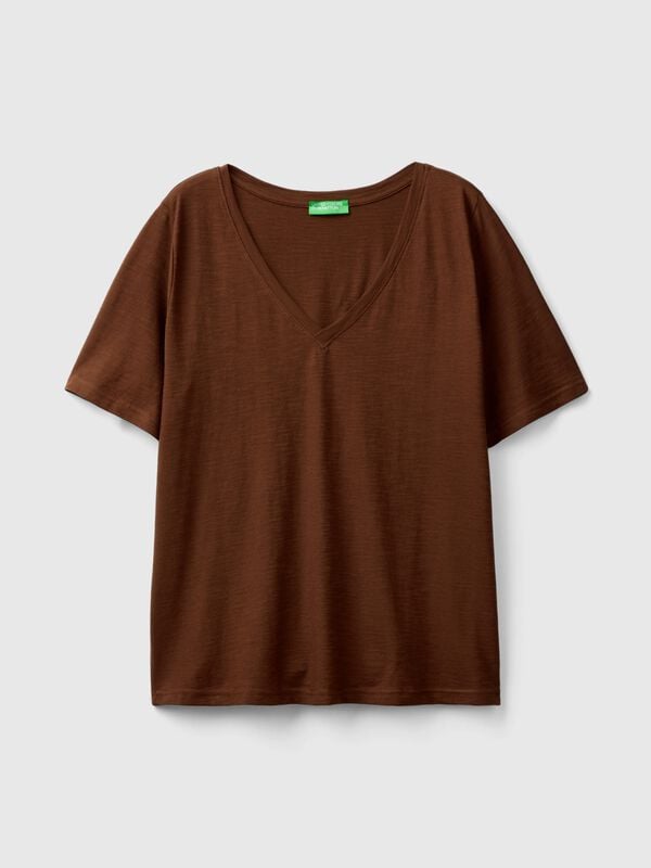 Camiseta de algodón flameado con escote de pico Mujer