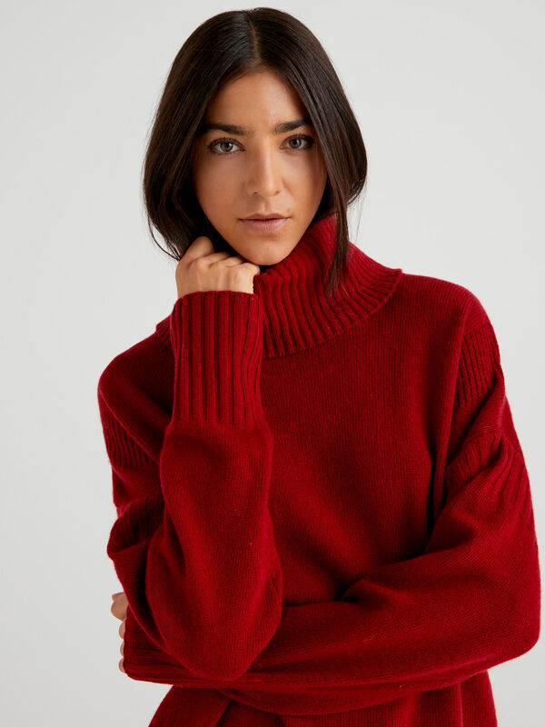 Suéter de punto de cuello alto para mujer, jersey rojo de moda