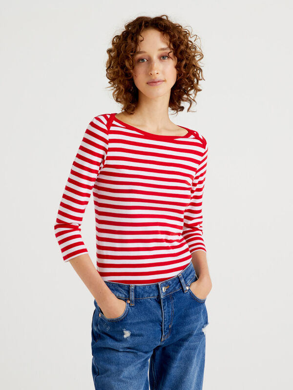 Camiseta de manga francesa de rayas de algodón puro Mujer