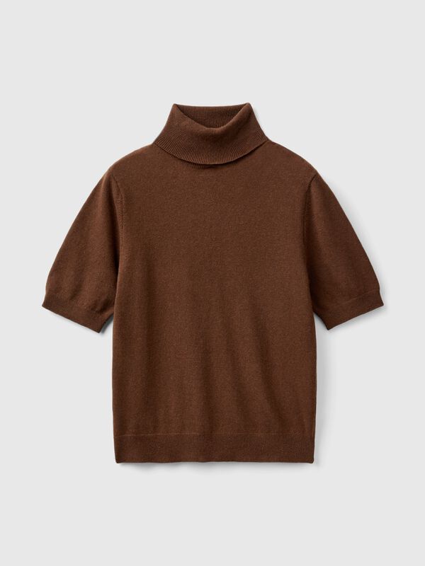 Jersey cuello alto marrón oscuro pastel de manga corta en mezcla de cachemira Mujer