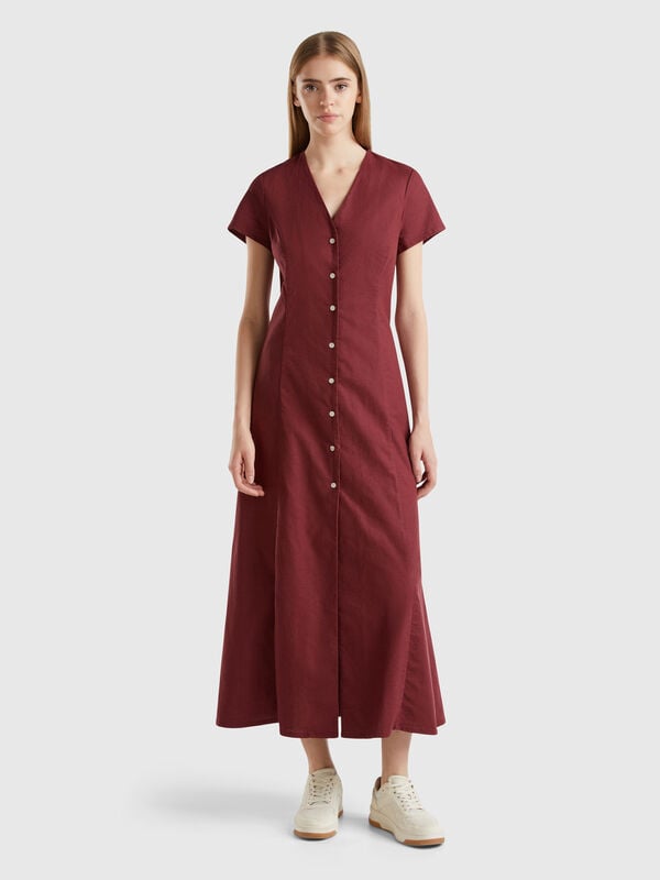 Vestido en mezcla de algodón y lino elástico Mujer