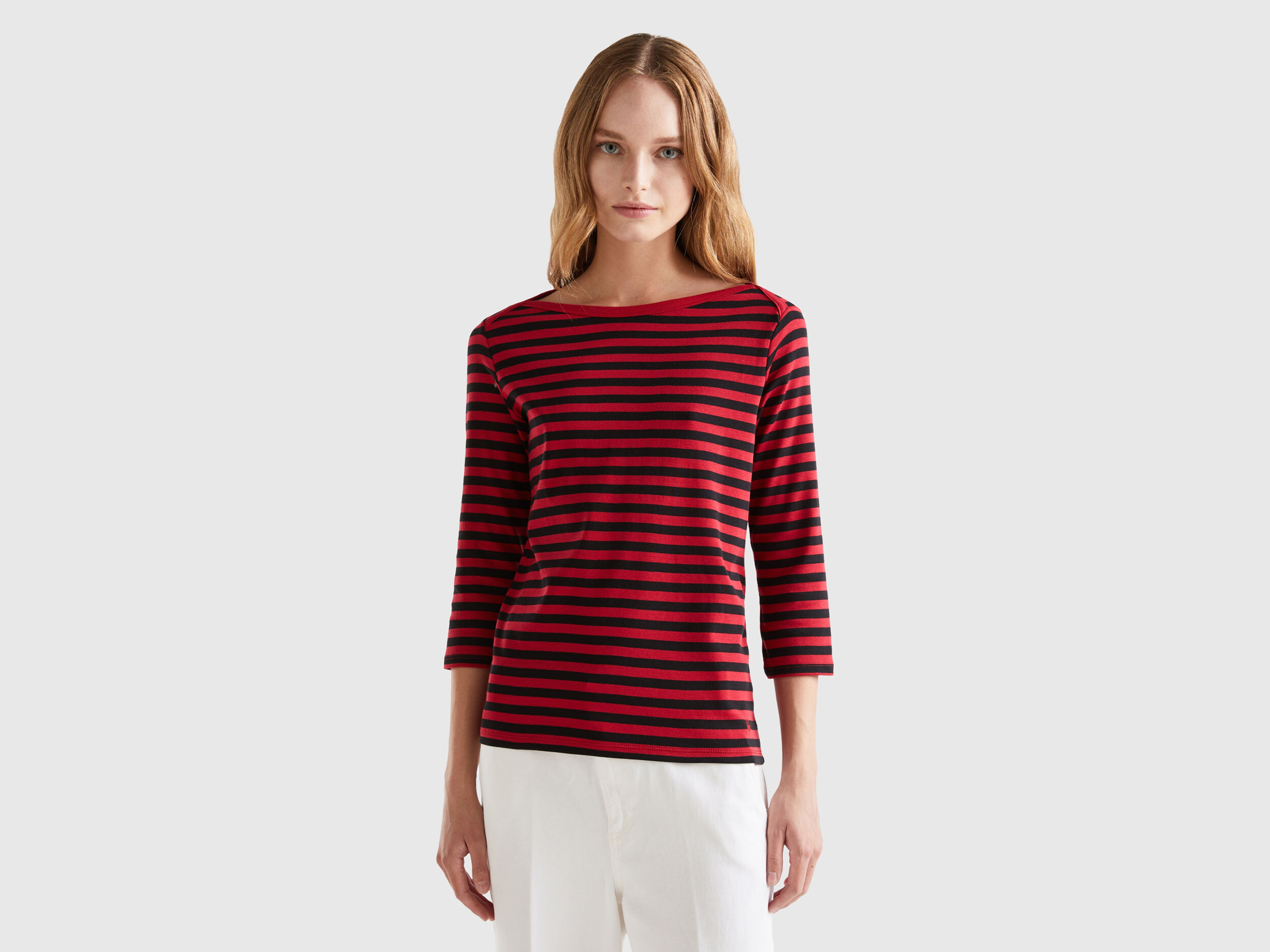 Camiseta de manga francesa de rayas de 100 algodon Rojo Benetton