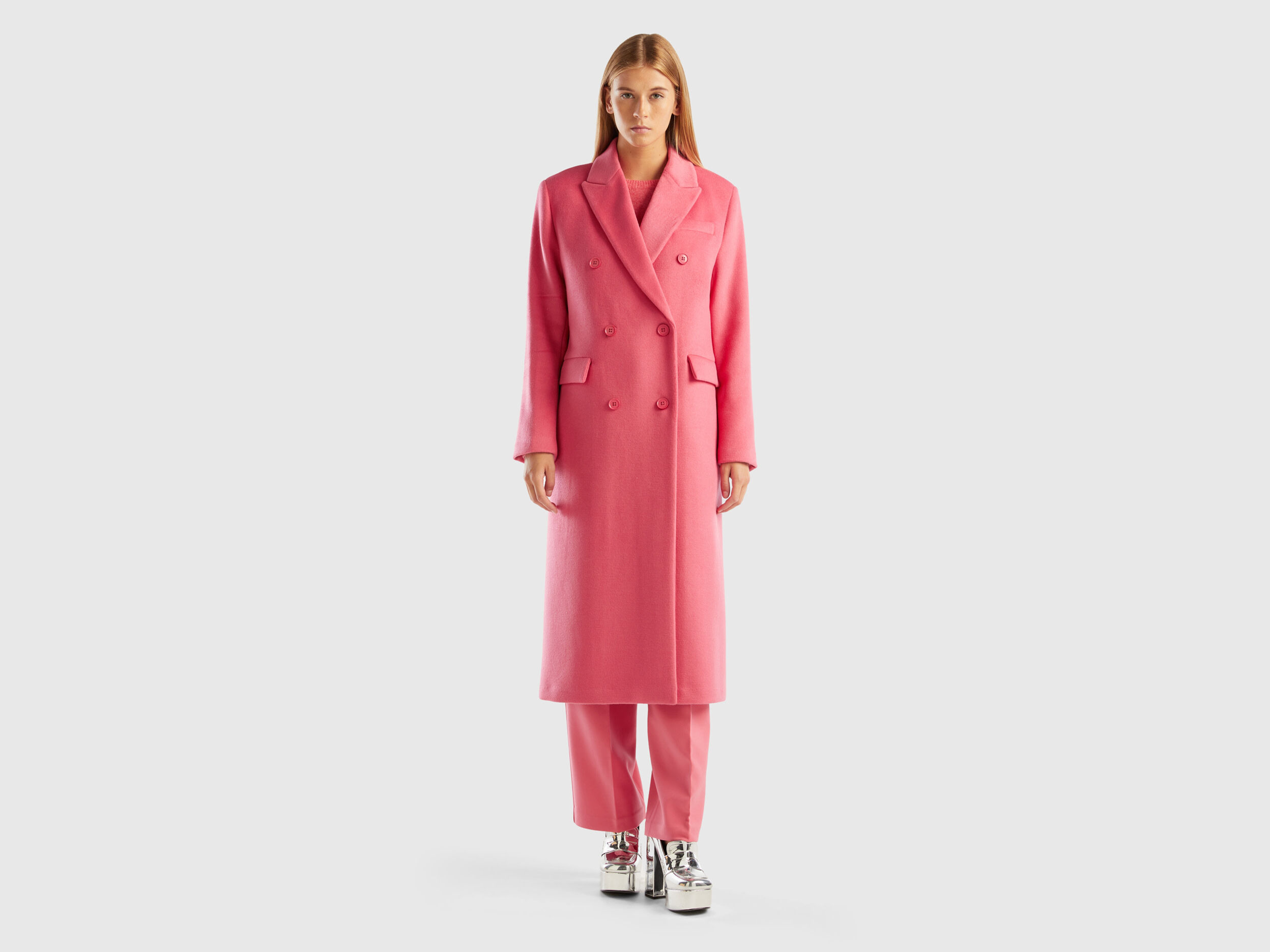 Abrigo cruzado de lana mixta Rosa Benetton
