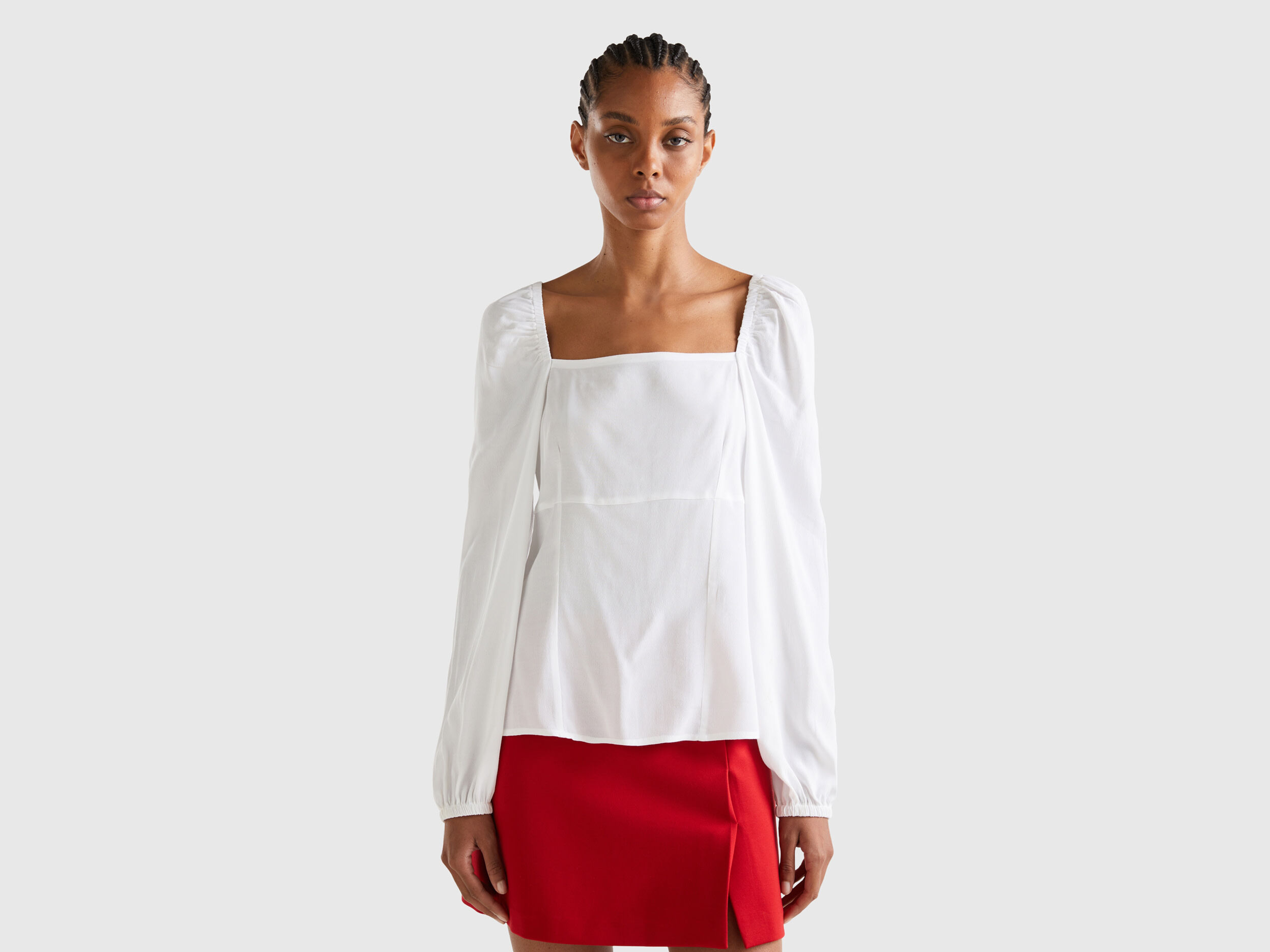 Blusa slim fit con escote cuadrado Blanco Benetton