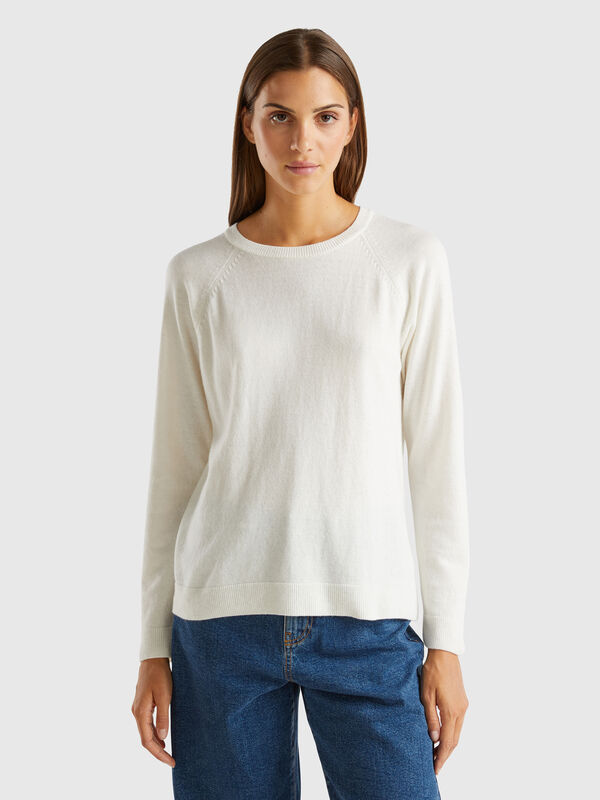 Jersey de cuello redondo crema en mezcla de lana y cachemir Mujer