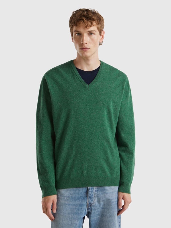 Jersey cuello en V verde jaspeado en pura lana merina Hombre