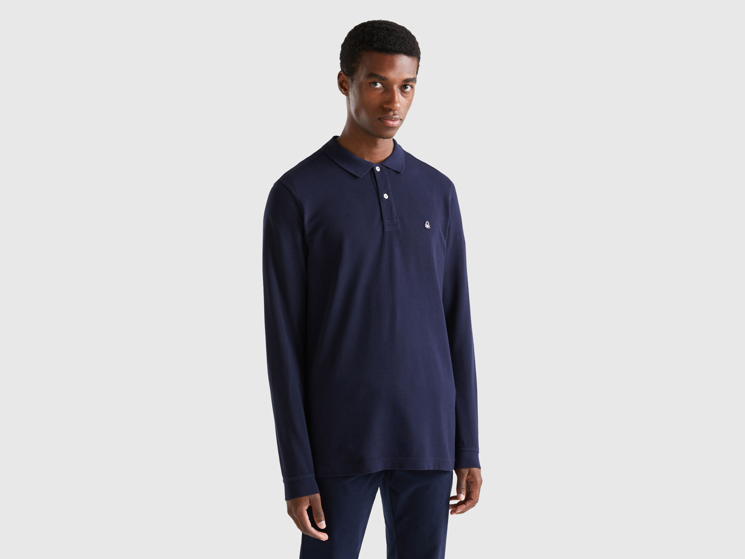 Polo de manga larga de 100 algod n Azul Oscuro Benetton