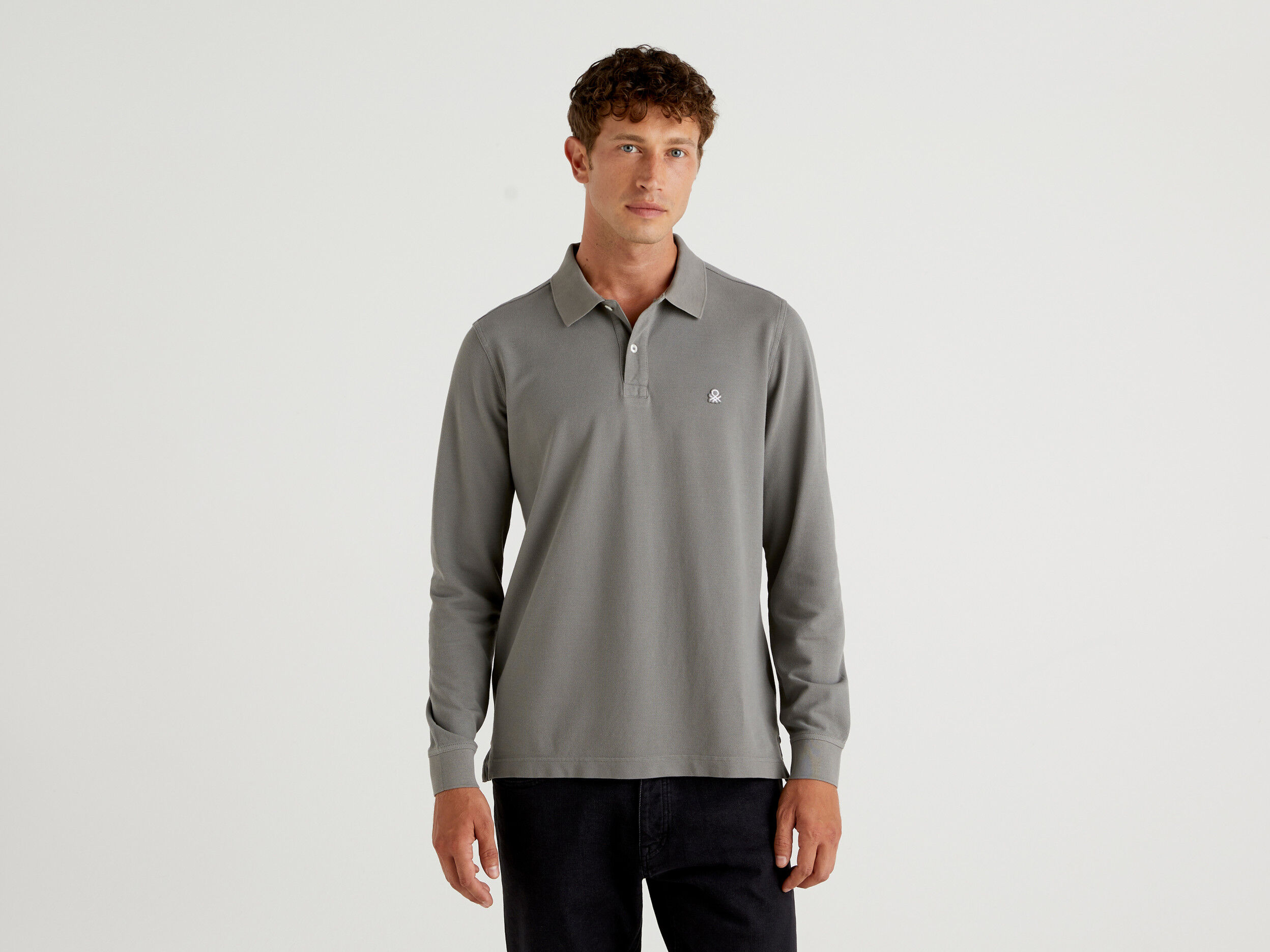 Polo de manga larga de 100 algod n Gris Oscuro Benetton