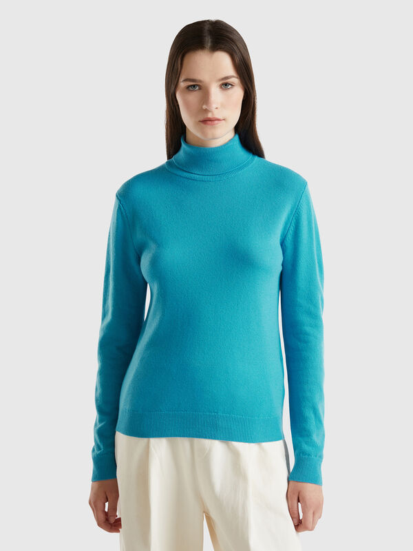 Jersey de cuello alto azul claro en pura lana merina Mujer