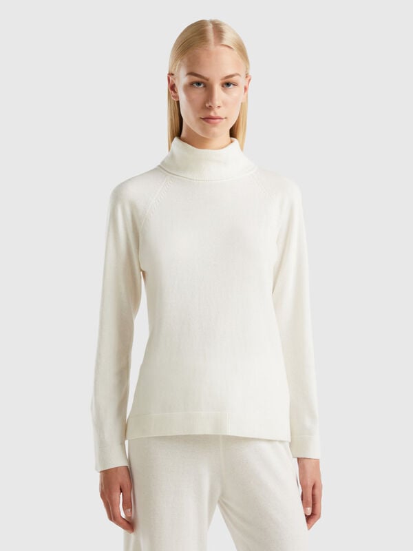 Jersey de cuello alto blanco en mezcla de lana y cachemir Mujer