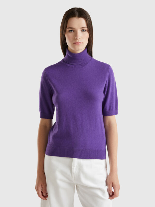 Jersey cuello alto morado pastel de manga corta en mezcla de cachemira Mujer
