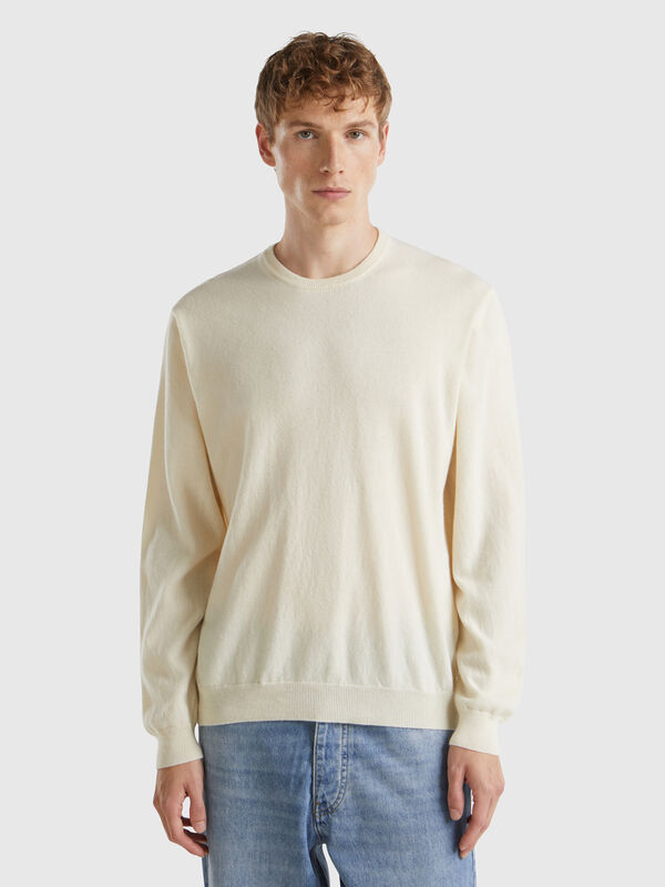 Jersey cuello redondo crema en pura lana merina Hombre