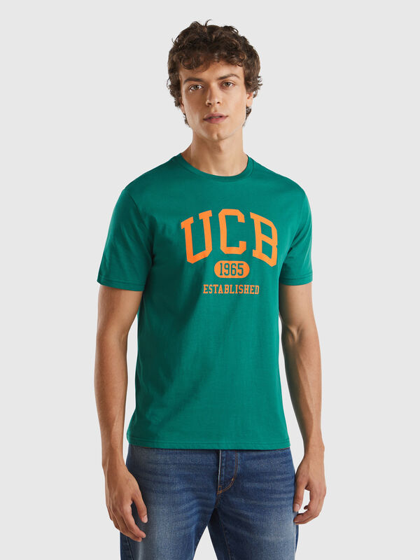 Camiseta verde oscuro de algodón orgánico con logotipo naranja Hombre