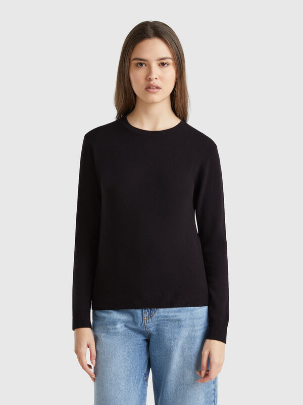 Jersey de cuello redondo negro de lana merina Mujer