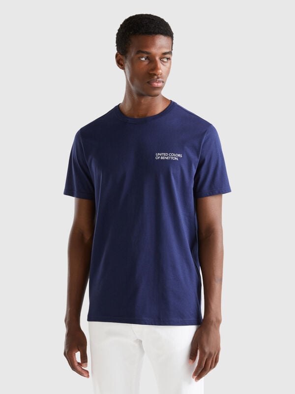 Camiseta azul oscuro de algodón orgánico con estampado de logotipo Hombre