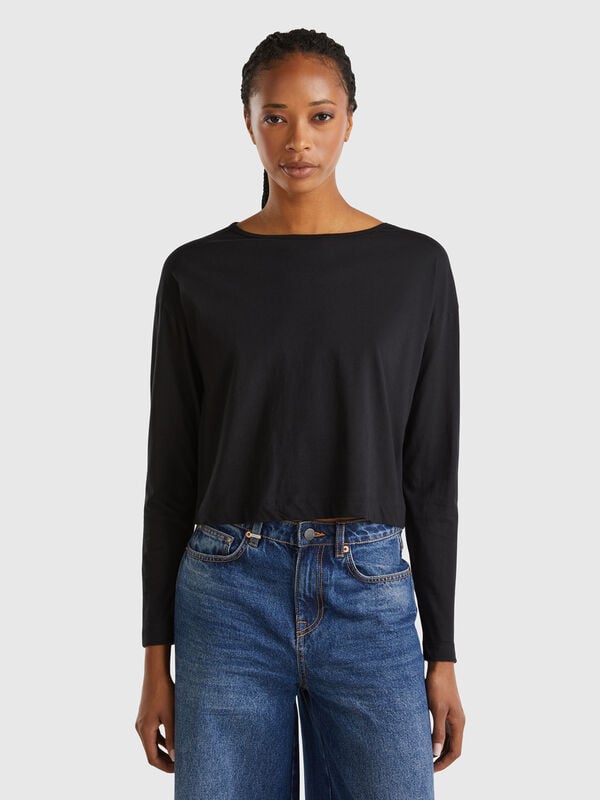 Camiseta negra de algodón de fibra larga Mujer