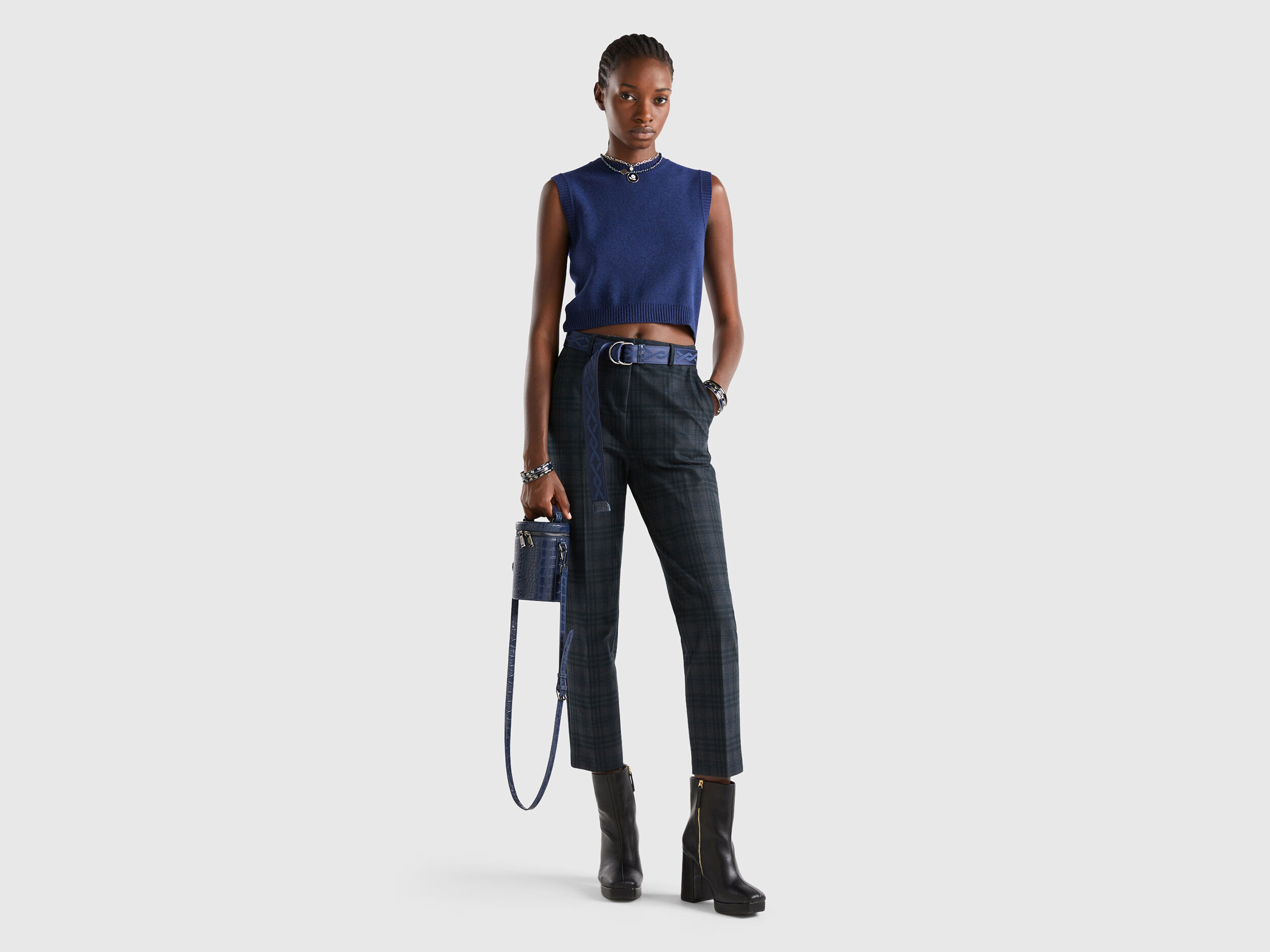 Pantalon recto de cuadros Gris Oscuro Benetton