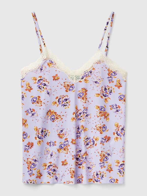 Camiseta de tirantes con encaje y estampado de flores Mujer