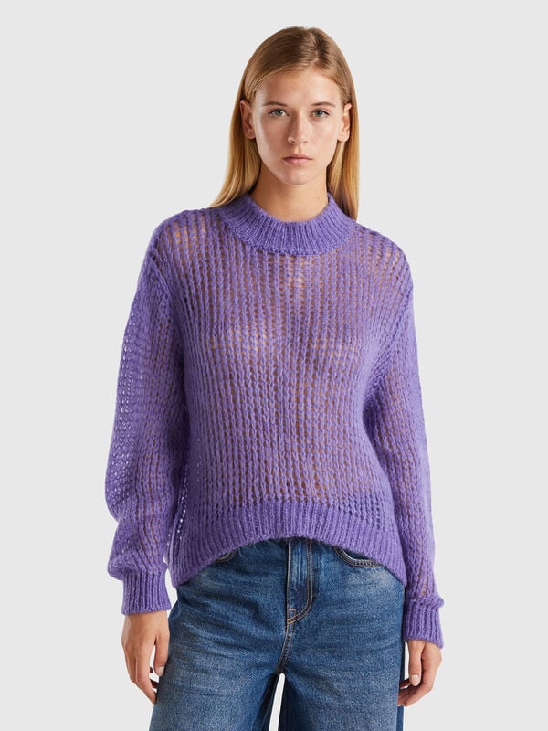 Jersey de cuello alto de rejilla de mohair mixto Mujer