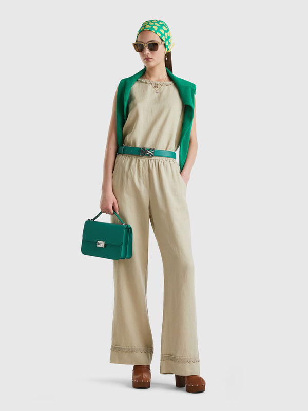 Pantalón de 100 % lino con detalles de ganchillo Mujer