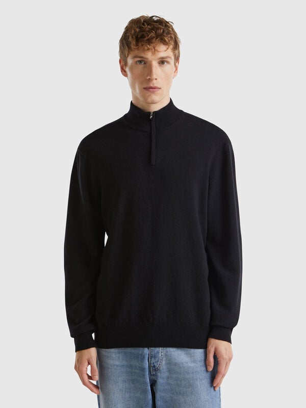 Jersey con cremallera negro 100% lana merina Hombre