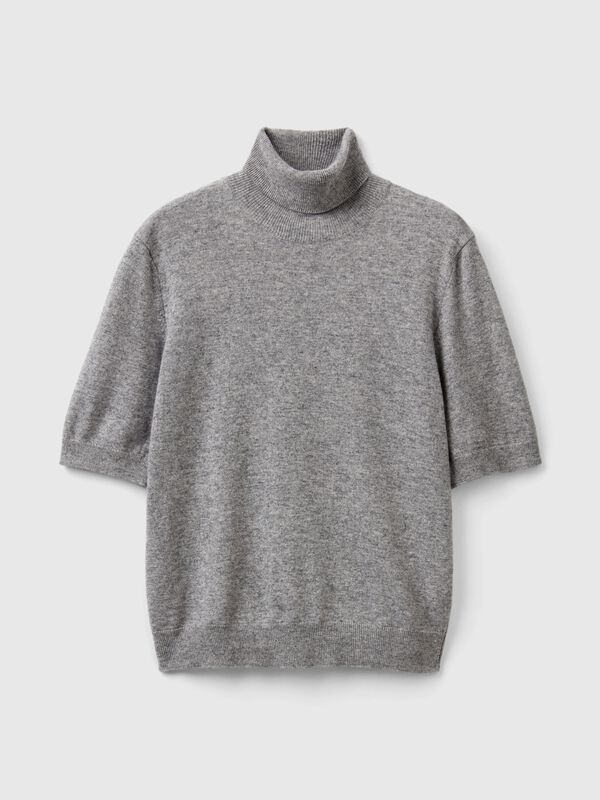 Jersey cuello alto gris de manga corta en mezcla de cachemira Mujer